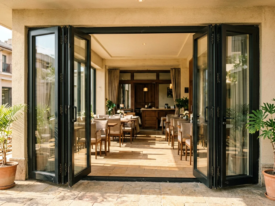 Hospitality patio with folding aluminum doors