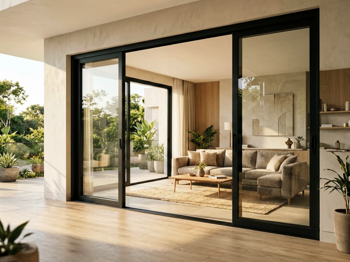 Large aluminum sliding doors connecting indoor and outdoor spaces